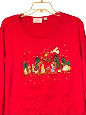 Quacker Factory Red Christmas Nativity Embroidered Top XL Long Sleeve Holiday